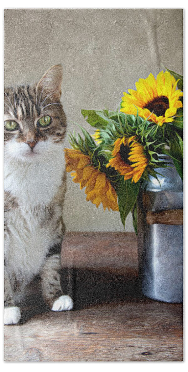 Cat and Sunflowers Beach Towel