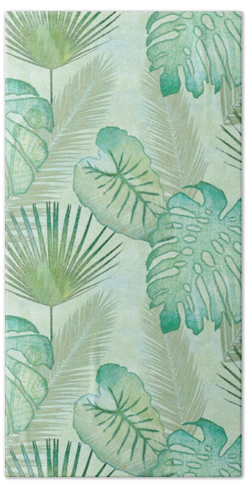 Rainforest Tropical - Elephant Ear and Fan Palm Leaves Repeat Pattern Beach Towel