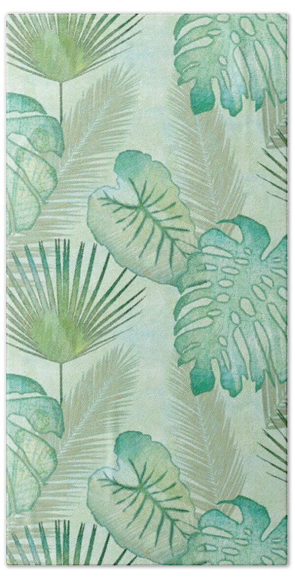 Rainforest Tropical - Elephant Ear and Fan Palm Leaves Repeat Pattern Beach Towel