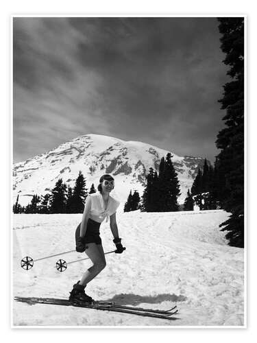 Female Skier in Snow, Mount Rainier National Park, USA